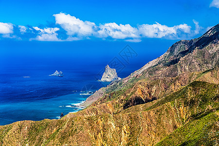 带岩石的海洋海岸天际蓝色风景天空支撑绿色地平线图片