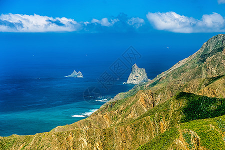 海岸或海岸蓝色支撑天空绿色天际岩石风景地平线海洋图片