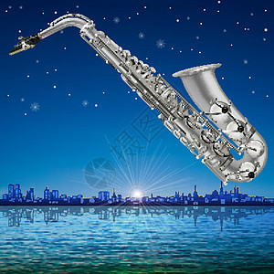 带有塔林和萨克斯文的光影背面蓝调音乐反射萨克斯音乐会音乐家天空城市爵士乐天际图片