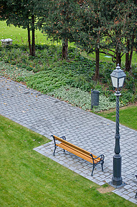 绿色公园中的法官休息季节植物小路城市草地木头花园椅子场地图片