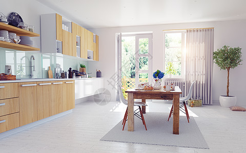 现代厨房内小地毯住宅木地板房子公寓用餐奢华窗帘木头椅子图片