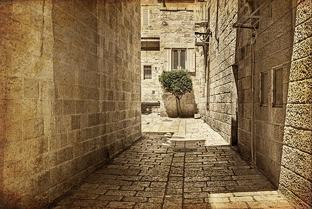 耶路撒冷犹太区古老的巷子 用旧颜色图像风格拍摄建筑学飞地柱子街道历史性历史隧道文化祷告旅行图片