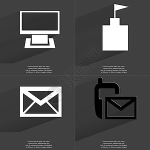 监视器 旗帜塔 信息 短消息图标 符号用长阴影显示图片