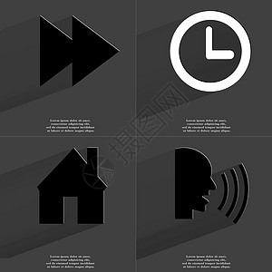 两箭双箭媒体图标 时钟 House Talk 符号和长阴影 简单设计图片