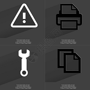 警告标志 打印机 扳手 复制图标 带有长阴影的符号 平面设计图片