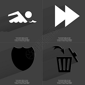 游泳者 两箭双箭媒体图标 徽章 垃圾可以 有长阴影的符号图片