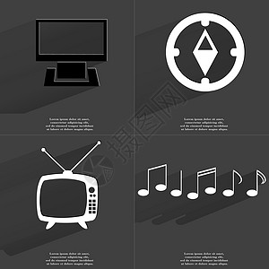 监视器 Compass Retro TV Notes 有长阴影的符号 平面设计图片