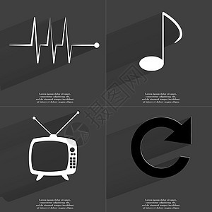 脉冲 注意符号 复古电视 重新加载图标 带有长阴影的符号 平面设计图片