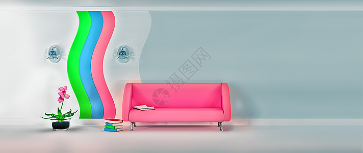 精装房带有粉色沙发 遮角和灰墙的现代房背景