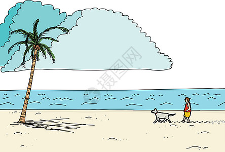 卡通海洋与宠物男子在水滨背景
