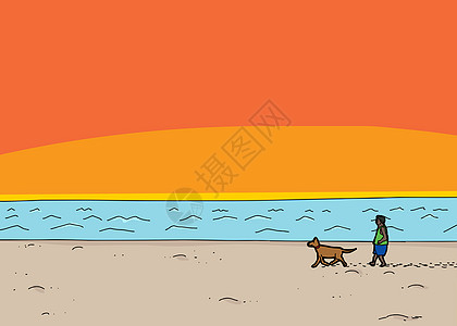海滩日落的步行狗图片