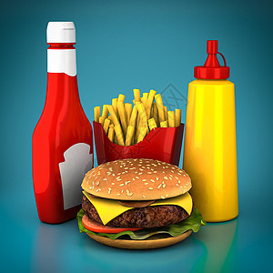 汉堡 薯条 芥子酱和番茄酱蓝色熏肉食物芝士筹码土豆营养润滑脂图片