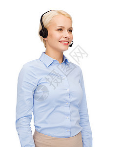 使用耳机的友好女性求助热线接线员接待员操作员助手服务台手机女孩微笑客户帮助人士图片