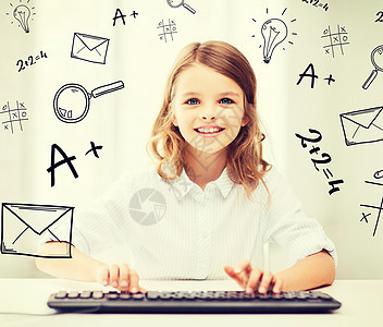 带键盘的女学生女孩家庭作业互联网青春期青少年屏幕冲浪电脑学者玩家技术图片
