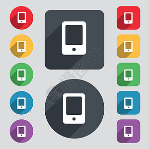 板块图标符号 一组由12个彩色按钮和长阴影组成 平坦设计 矢量图片