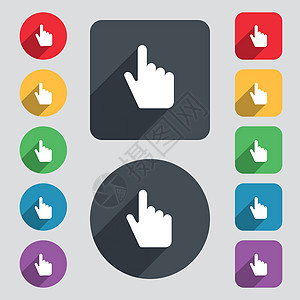 鼠标指针图标符号 一组由12个彩色按钮和长阴影组成 平坦设计 矢量图片