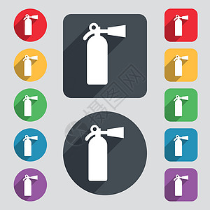 灭火器图标符号 一组由12个彩色按钮和长阴影组成 平面设计 矢量灭火化学品保障团体帮助服务抑制标签消防队员压力图片