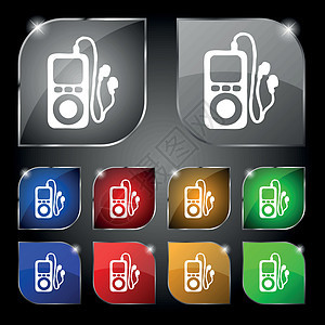 MP3 播放器 耳机 音乐图标符号 套装有色调的10个彩色按钮 矢量图片