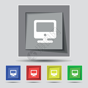 原始五个有色按钮上的监视器图标符号 矢量电脑电子展示硬件笔记本商业互联网插图工作网络图片