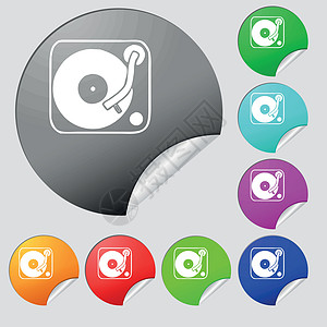 留声机 乙烯基图标标志 一套八个多色圆形按钮 贴纸 向量图片