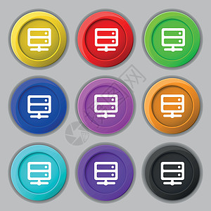 9圆彩色按钮上的服务器图标符号 矢量图片