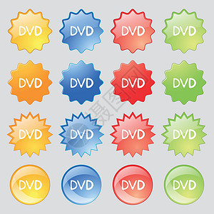 dvd 图标符号 从14个多色的玻璃按钮中设定 并设置文本位置 矢量广告贮存电脑品牌盒子视频软件插图标签产品图片