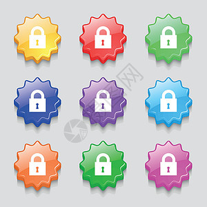 特写锁定图标符号 9个宽度彩色按钮上的符号 矢量挂锁商业互联网手指入口密码秘密储物柜封锁安全图片