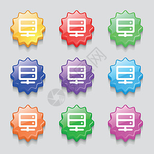 服务器图标符号 9个宽度彩色按钮上的符号 矢量图片