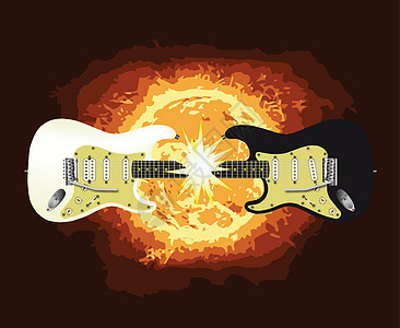 两个吉他火花双胞胎插图吸引力电吉他黑与白绘画闪光乐器太阳图片