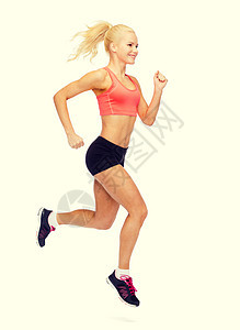 运动妇女跑步或跳跃护理重量女性飞行航班赛跑者运动员训练空气运动装图片