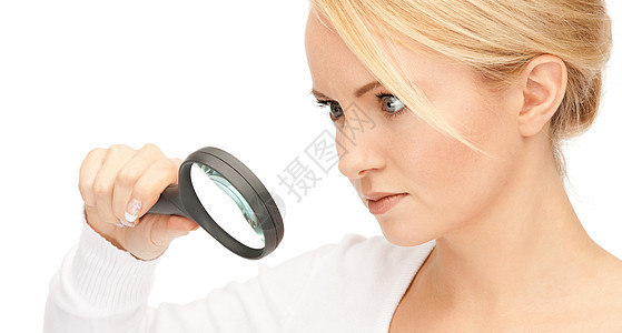 女用放大镜白色女性检查学习女孩商务光学侦探监视乐器图片