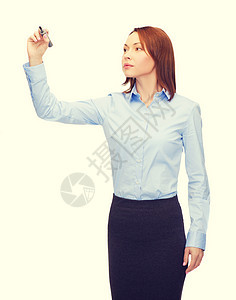 商业女商务人士用标记在空中写作草图女士人士技术屏幕笔记触摸屏办公室空气木板图片