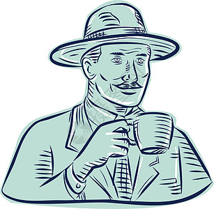 Man Fedora 帽子饮用水咖啡插图木块木刻绘画草图墨水手工刮板雕刻男人图片