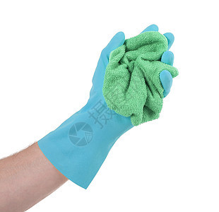手戴橡胶手套 准备清洁化学品抹布浴室海绵蓝色手指清洁工工作宏观家庭图片