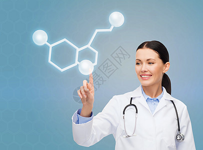 微笑的女医生指着分子科学卫生保健生物职业药理化学公式女士治疗图片