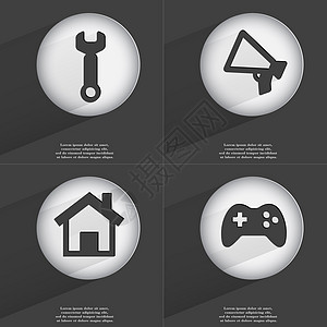 扳手 扩音器 房子 游戏手柄图标标志 一组具有平面设计的按钮 向量图片
