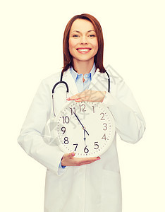 带着墙钟 微笑着的女医生情况成人保健纪律医疗保险医院药品时间手表时区图片