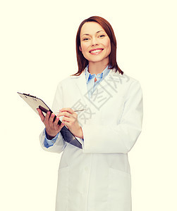 带剪贴板的笑着女医生成人诊所导师药品护理人员卫生专家笔记女士工人图片