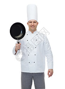 快乐的男厨厨师 拿着煎锅工人炊具美食职业白色厨具油炸首席平底锅烹饪图片