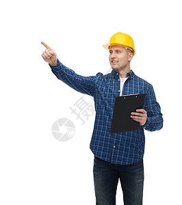 用剪贴板戴头盔微笑的男人帽子安全帽白色安全手指专家建筑男性工作维修图片