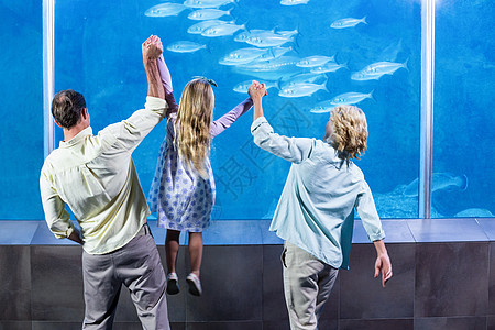 幸福的一家人看着鱼缸水族馆母亲女性蓝色快乐孩子活动微笑动物女孩图片