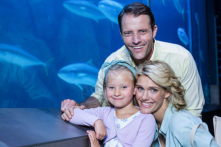 幸福的一家人看着鱼缸旁边的摄影机男性海上生活游泳水族馆生活孩子童年女性生物学活动图片