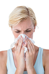 迷人的女人吹她的鼻子女性疾病短发组织花粉金发女郎感染流感鼻涕女士图片