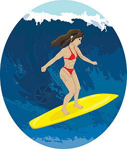 女孩在波浪上冲浪游泳木板运动泳装太阳海洋女士海浪衣服冲浪者图片