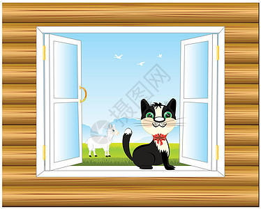 墙壁中的窗口乡村房间动物插图草地植物群鸟类房子宠物空地图片