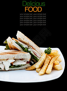 自助俱乐部三明治和沙拉蔬菜三角形餐具绿色熏肉火腿面包熟食火鸡午餐图片