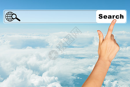 蓝色天空背景上的人类手概念手臂互联网蓝天空气手指背景图片