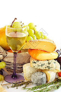 奶酪 葡萄酒和水果乳脂食物美食连环画蓝色奶奶迷迭香篮子奢华小吃图片