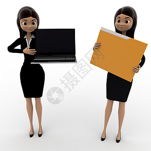 3名妇女在笔记本电脑和持有档案概念上指针头发插图白色卡通片渲染图片