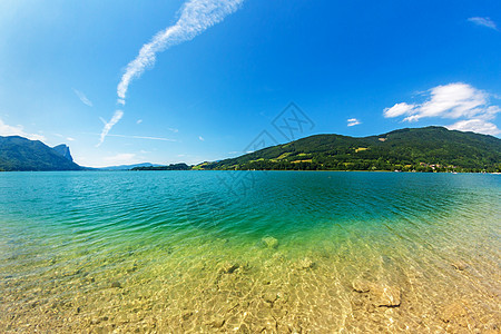 Atersee 亚特西山脉森林爬坡蓝色天空场景高山反射天气生态图片